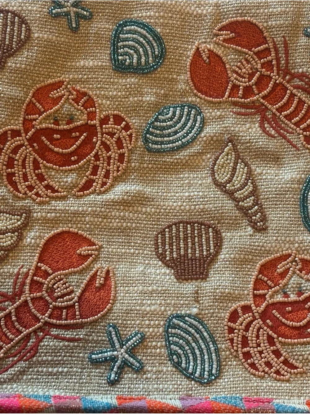 Beaded Crab & Shell Tote Bag - Natural with Red & Teal Accents